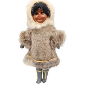 Vintage 1960s 10" Plastic Eskimo Doll In Fur Coat and Hat